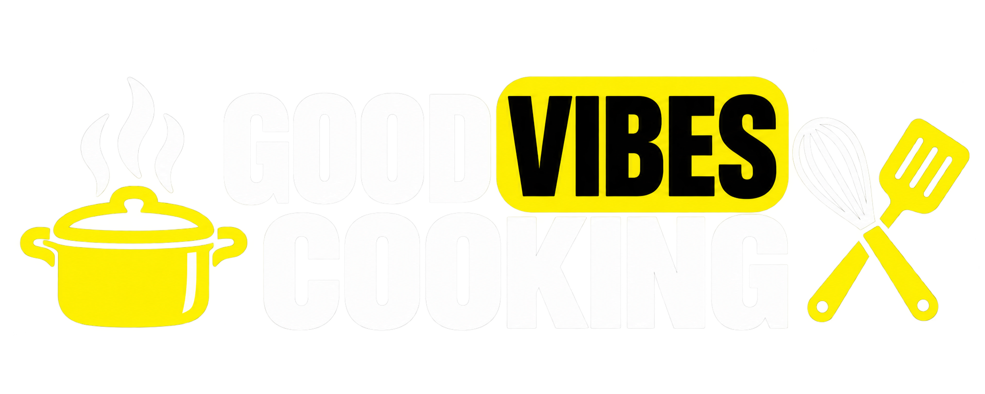 Good Vibes Cooking horizontal logo with a steaming pot, whisk and spatula